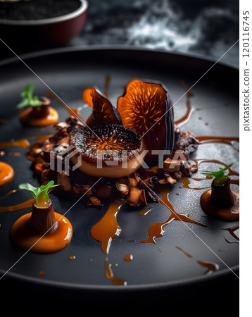 Gourmet presentation of mushroom dish with artistic plating for culinary art Gourmet presentation of mushroom dish with artistic plating for culinary art 120116745