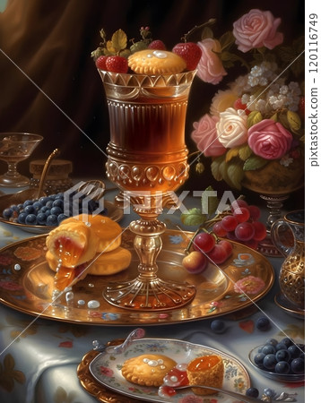 Opulent still life with fruit and pastries in ornate golden setting 120116749