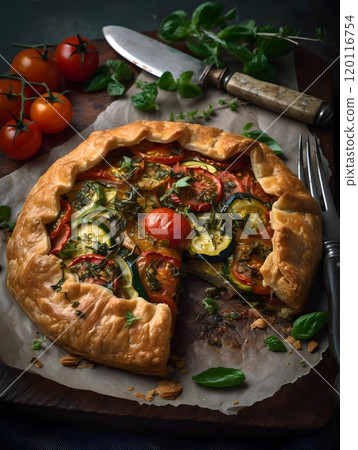 Rustic tomato and courgette khorasan galette for farmhouse dining and culinary inspiration 120116754