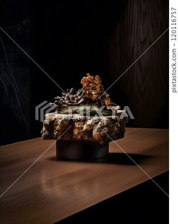 Unique concept art: textured wooden sculpture on table for creative design 120116757