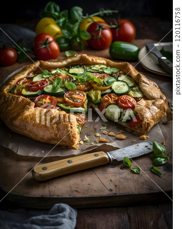 Vegetable khorasan galette with fresh tomatoes and courgettes for rustic dining 120116758