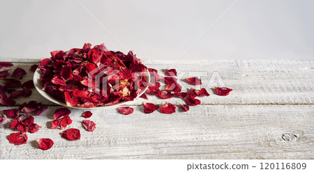 Dry rose petals in a bowl Dry rose petals in a bowl 120116809