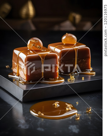 Elegant caramel desserts on dark surface for gourmet cuisine and food photography 120116975