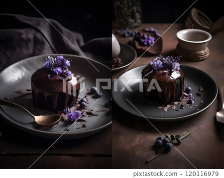 Elegant chocolate cupcakes with purple flower garnish - perfect for dessert menus and event decor 120116979