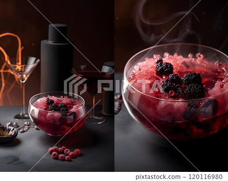 Elegant cocktail presentation with fruit garnish in chic glassware for culinary art Elegant cocktail presentation with fruit garnish in chic glassware for culinary art 120116980