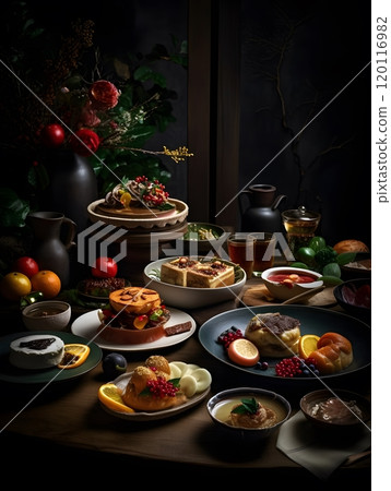 Elegant dark-themed dining: assorted gourmet dishes for luxurious dining experience Elegant dark-themed dining: assorted gourmet dishes for luxurious dining experience 120116982