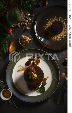 Elegant dessert display with chocolate cake and coffee for gourmet dining 120116986