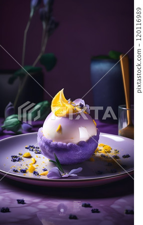 Elegant dessert on violet background with citrus garnish for culinary art 120116989