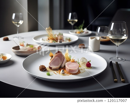 Elegant white table setting with gourmet dish and wine glasses for fine dining experience Elegant white table setting with gourmet dish and wine glasses for fine dining experience 120117007