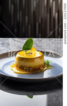 Elegant yellow dessert on white plate with modern background for culinary art design Elegant yellow dessert on white plate with modern background for culinary art design 120117009