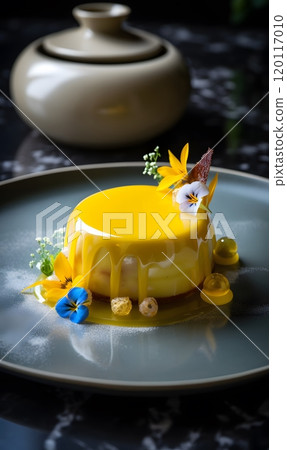 Elegant yellow dessert with floral accents on white plate for gourmet presentation 120117010