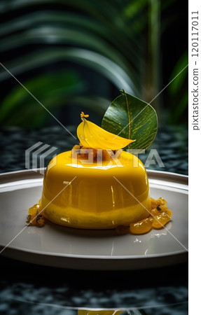 Elegant yellow dessert with modern decoration on a white plate for gourmet presentation Elegant yellow dessert with modern decoration on a white plate for gourmet presentation 120117011