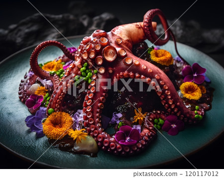 Exotic gourmet octopus dish with edible flowers and peas on elegant plate Exotic gourmet octopus dish with edible flowers and peas on elegant plate 120117012