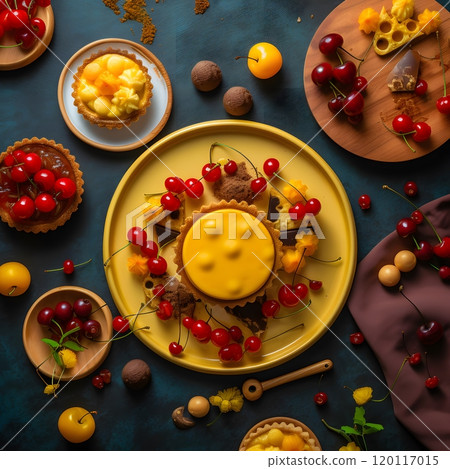 Exquisite dessert arrangement with cherries and cheese tart perfect for culinary art designs Exquisite dessert arrangement with cherries and cheese tart perfect for culinary art designs 120117015