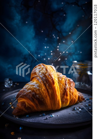 Golden croissant on blue background for culinary promotion and design 120117018