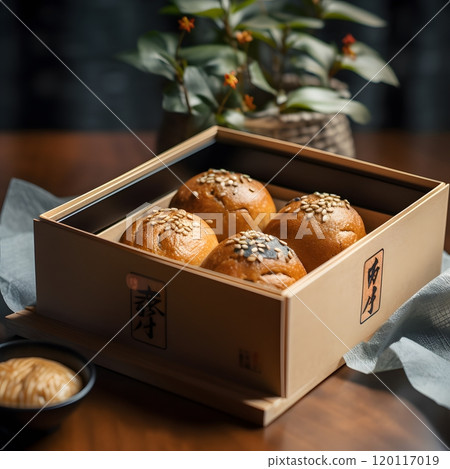 Gourmet artisan bread box with freshly baked rolls for gourmet dining experience 120117019