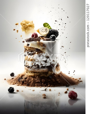 Gourmet cake with fresh berries and chocolate explosion for dessert photography Gourmet cake with fresh berries and chocolate explosion for dessert photography 120117027