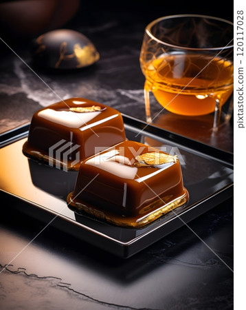 Gourmet caramel desserts and glass of liquor on elegant black table Gourmet caramel desserts and glass of liquor on elegant black table 120117028