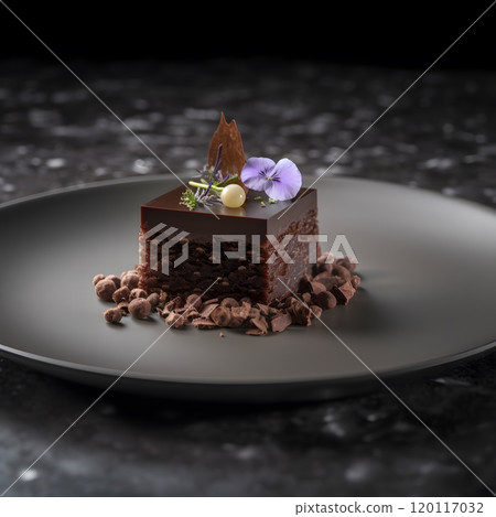 Gourmet chocolate cake dessert with edible flowers on elegant plate for culinary design Gourmet chocolate cake dessert with edible flowers on elegant plate for culinary design 120117032