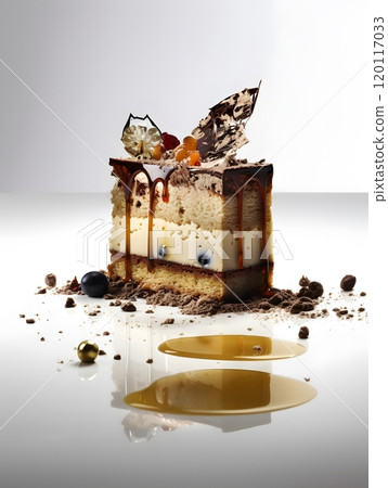 Gourmet chocolate cake on elegant white surface for dessert menu design 120117033