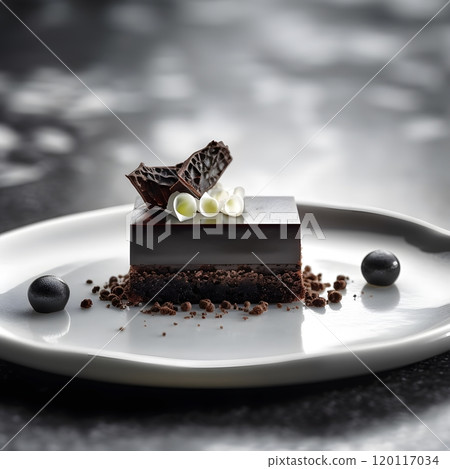 Gourmet chocolate cake slice on elegant white plate for dessert presentation Gourmet chocolate cake slice on elegant white plate for dessert presentation 120117034