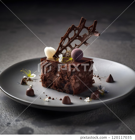 Gourmet chocolate cake with artistic garnish on elegant white plate for culinary displays Gourmet chocolate cake with artistic garnish on elegant white plate for culinary displays 120117035