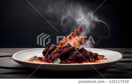 Gourmet cuisine: succulent grilled meat with smoky aroma on artistic plate Gourmet cuisine: succulent grilled meat with smoky aroma on artistic plate 120117038