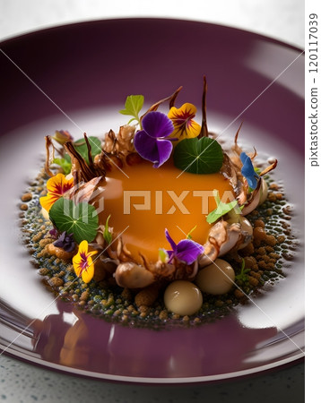 Gourmet culinary art featuring mushroom sauce dish with edible flowers Gourmet culinary art featuring mushroom sauce dish with edible flowers 120117039