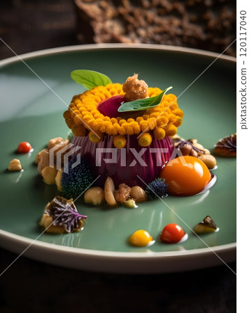 Gourmet culinary art plate with mushroom sauce accent for fine dining Gourmet culinary art plate with mushroom sauce accent for fine dining 120117040