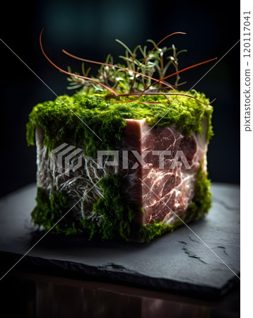 Gourmet culinary art: a creative meat dish on slate plate for fine dining presentation Gourmet culinary art: a creative meat dish on slate plate for fine dining presentation 120117041
