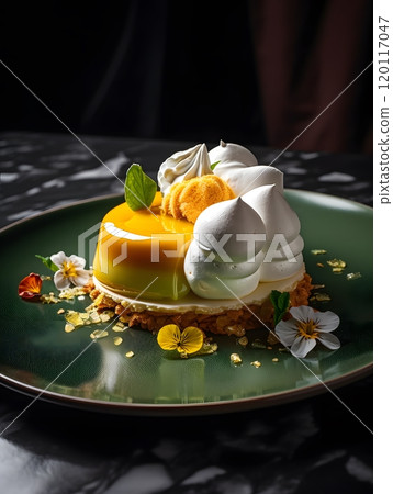 Gourmet dessert on elegant plate with floral garnish for culinary art and presentation Gourmet dessert on elegant plate with floral garnish for culinary art and presentation 120117047