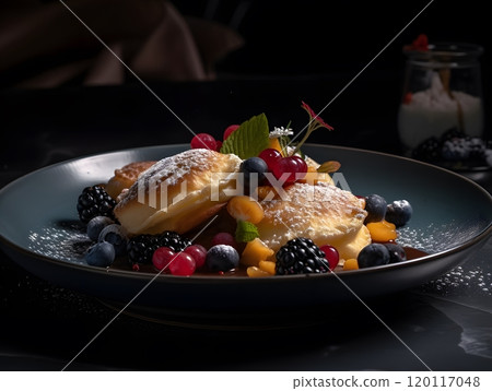 Gourmet dessert plate with fresh berries and scones for culinary inspiration Gourmet dessert plate with fresh berries and scones for culinary inspiration 120117048
