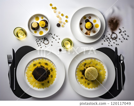 Gourmet dessert presentation on elegant white plates for fine dining experience 120117049