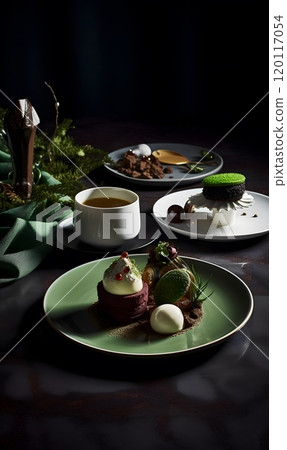 Gourmet dessert spread with coffee in elegant setting for culinary presentation 120117054