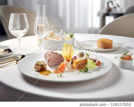 Gourmet dining experience with elegant food presentation on white table setting 120117058