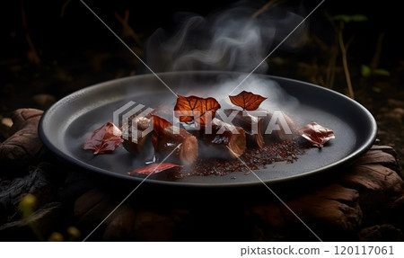Gourmet dish featuring meat with sauce and leaf garnish on a dark plate Gourmet dish featuring meat with sauce and leaf garnish on a dark plate 120117061