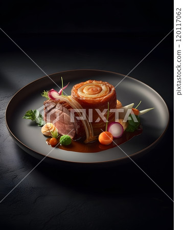 Gourmet dish with meat and vegetables presentation for culinary excellence and fine dining Gourmet dish with meat and vegetables presentation for culinary excellence and fine dining 120117062