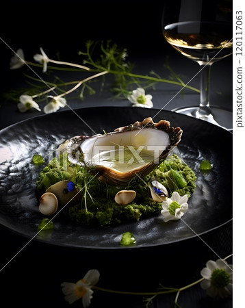 Gourmet dish with wine and edible flowers for elegant dining experience Gourmet dish with wine and edible flowers for elegant dining experience 120117063
