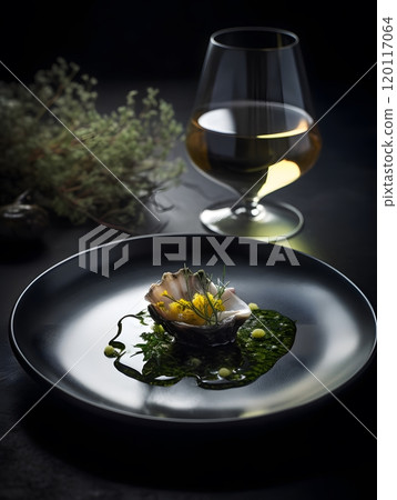 Gourmet dish with wine glass elegant dining scene for culinary design Gourmet dish with wine glass elegant dining scene for culinary design 120117064