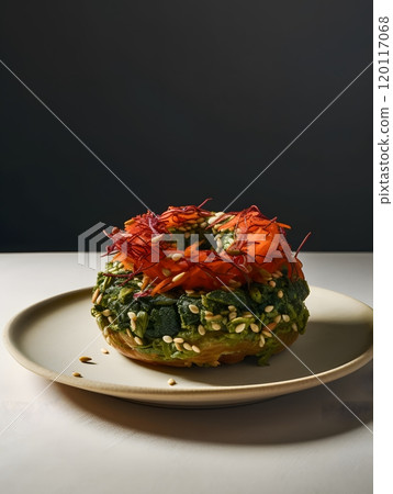 Gourmet donut with herb and nut toppings on elegant plate for culinary presentation Gourmet donut with herb and nut toppings on elegant plate for culinary presentation 120117068