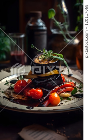 Gourmet eggplant and tomato dish with herbs - perfect for culinary arts and food design 120117069