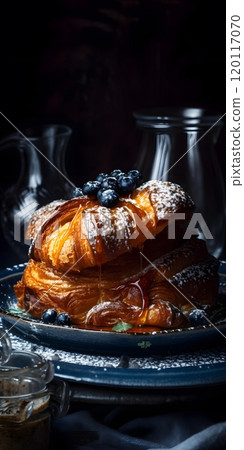 Gourmet french croissants drizzled with honey and topped with blueberries 120117070