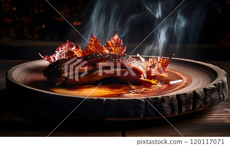 Gourmet glazed meat with autumn leaves on rustic plate for culinary art and design 120117071
