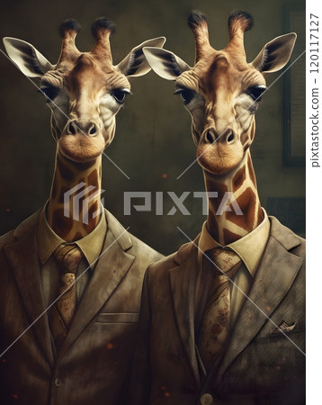 Giraffe duo in suits: whimsical portrait for unique decor or illustration design Giraffe duo in suits: whimsical portrait for unique decor or illustration design 120117127