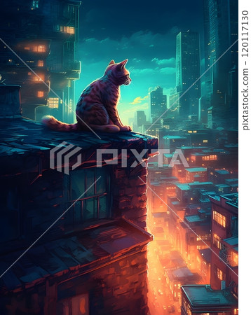 Majestic cat overlooking vibrant cityscape at twilight 120117130