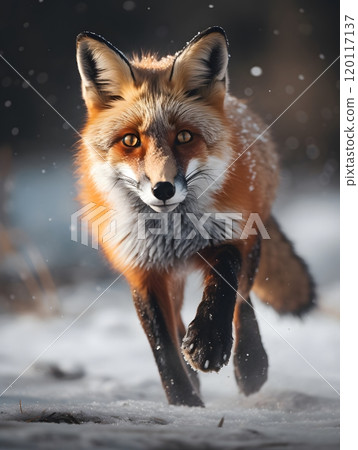 Red fox running through snow - winter wildlife photography 120117137