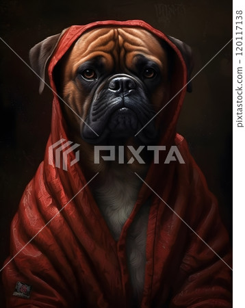 Regal dog portrait: black and brown dog in red robe for art and design Regal dog portrait: black and brown dog in red robe for art and design 120117138