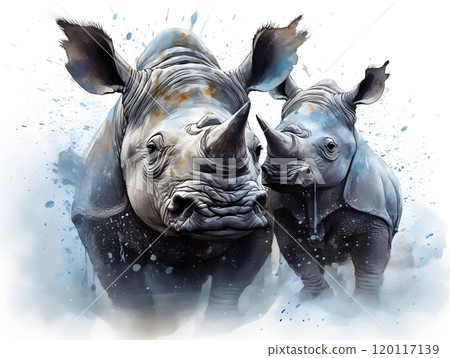 Rhino family watercolor art - majestic adult and baby rhinoceros 120117139