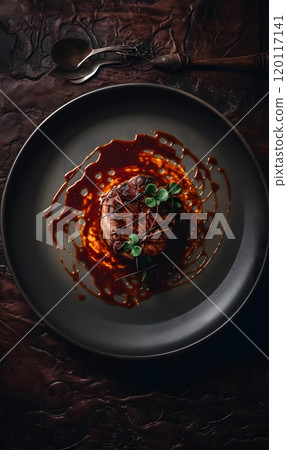 Gourmet meat dish with sauce and greens on elegant plate for culinary art and dining 120117141