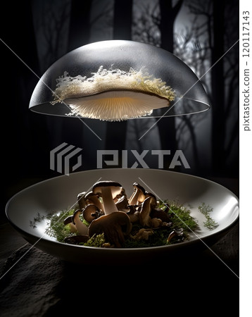 Gourmet mushroom dish on forest-inspired plate for culinary art and design Gourmet mushroom dish on forest-inspired plate for culinary art and design 120117143